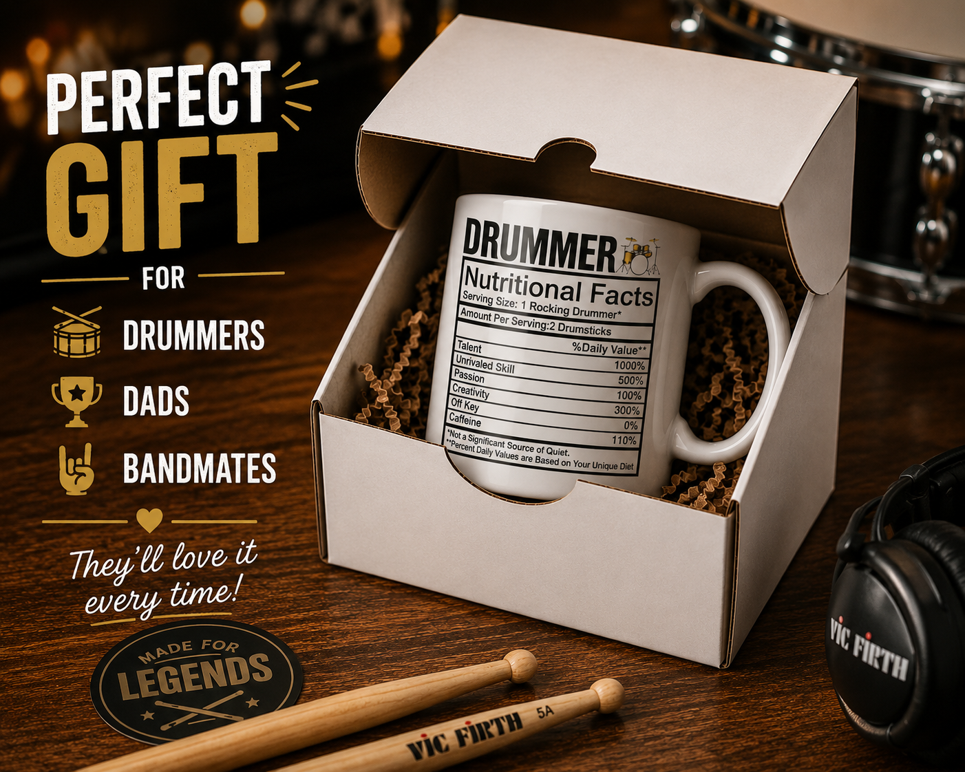 Kruzroyal Drummer Mug Gift for Men & Dad - Funny Nutritional Facts 11oz Ceramic Coffee Cup - Music Gifts for Drummers & Musicians