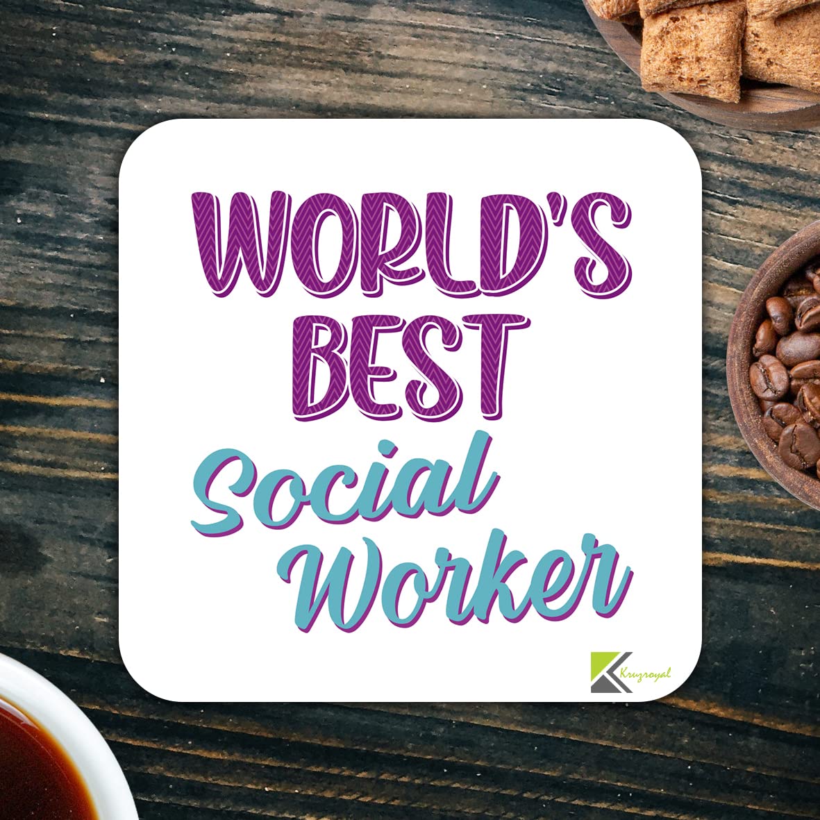 WB053 World's Best Social Worker MDF Wooden Coaster by Kruzroyal | Gift for Social Worker | Unique Novelty Present | 9cm x 9cm | Coffee Tea MDF Wooden Coaster