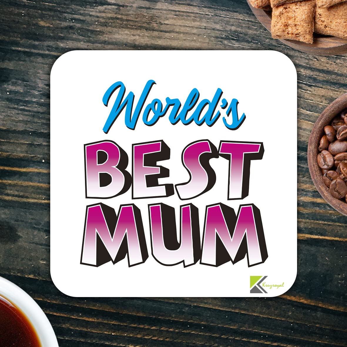 WB014 World's Best Mum MDF Wooden Coaster by Kruzroyal | Gift for Mum| Unique Novelty Present | 9cm x 9cm | Coffee Tea MDF Wooden Coaster