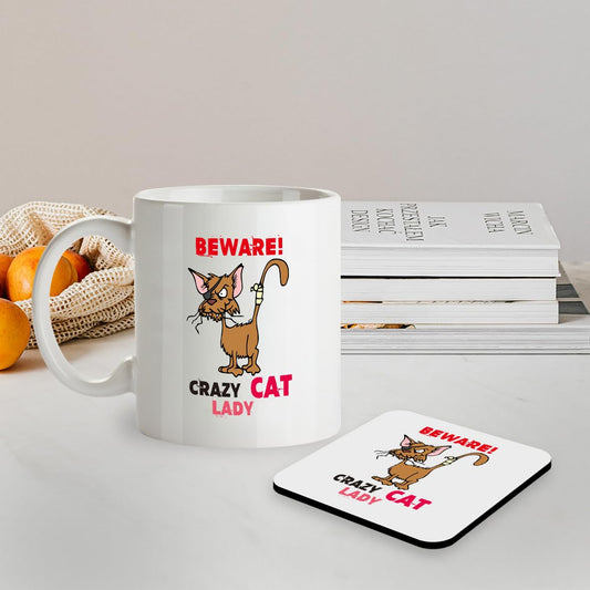 SM040 Beware Crazy Cat Lady - 11OZ Mug & Matching Coaster Set