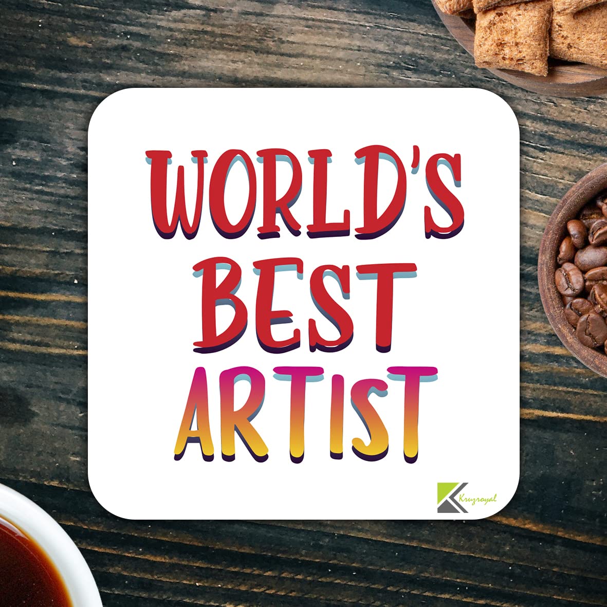 WB064 World's Best Artist MDF Wooden Coaster by Kruzroyal | Gift for Artist | Unique Novelty Present | 9cm x 9cm | Coffee Tea MDF Wooden Coaster