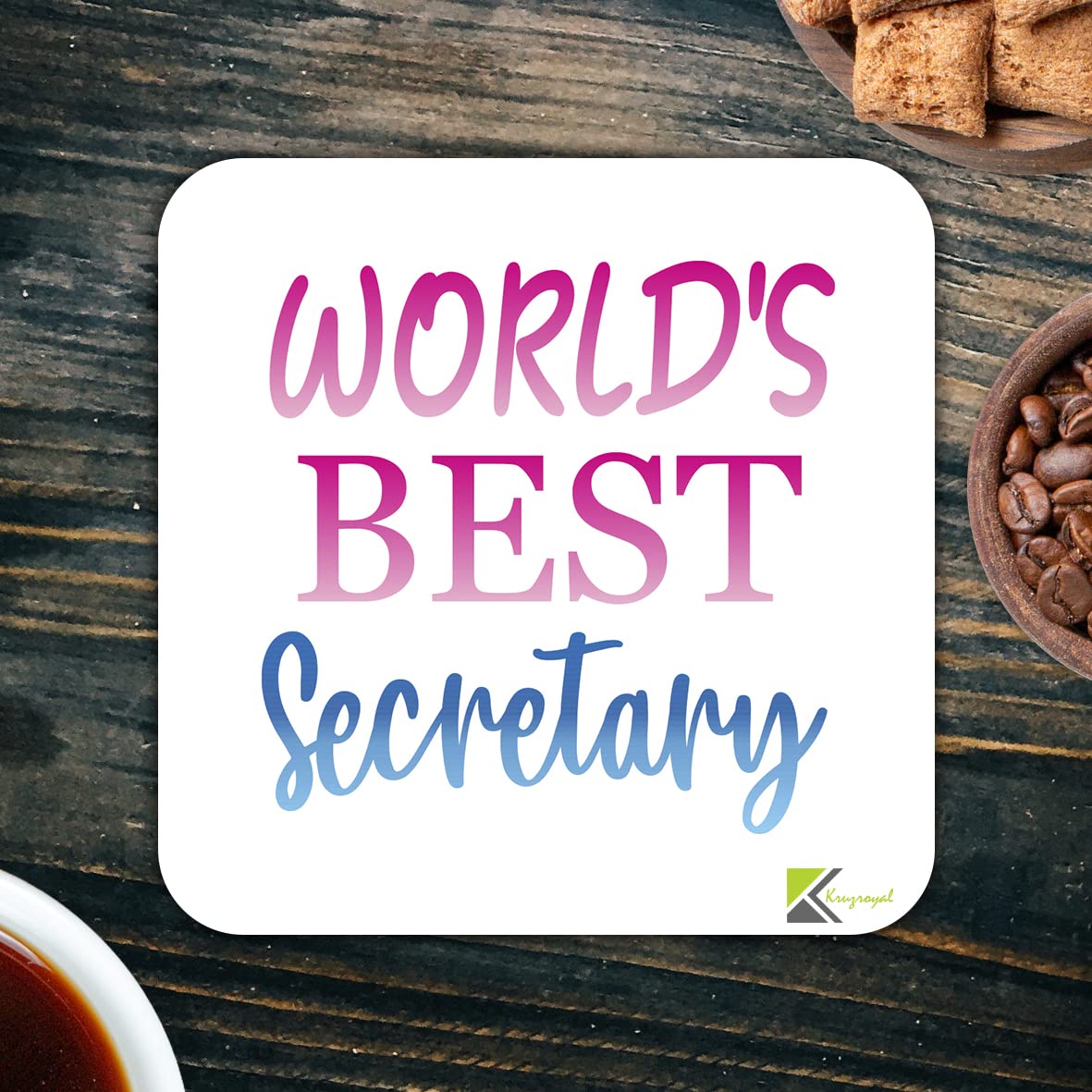 WB067 World's Best Secretary MDF Wooden Coaster by Kruzroyal | Gift for Secretary | Unique Novelty Present | 9cm x 9cm | Coffee Tea MDF Wooden Coaster