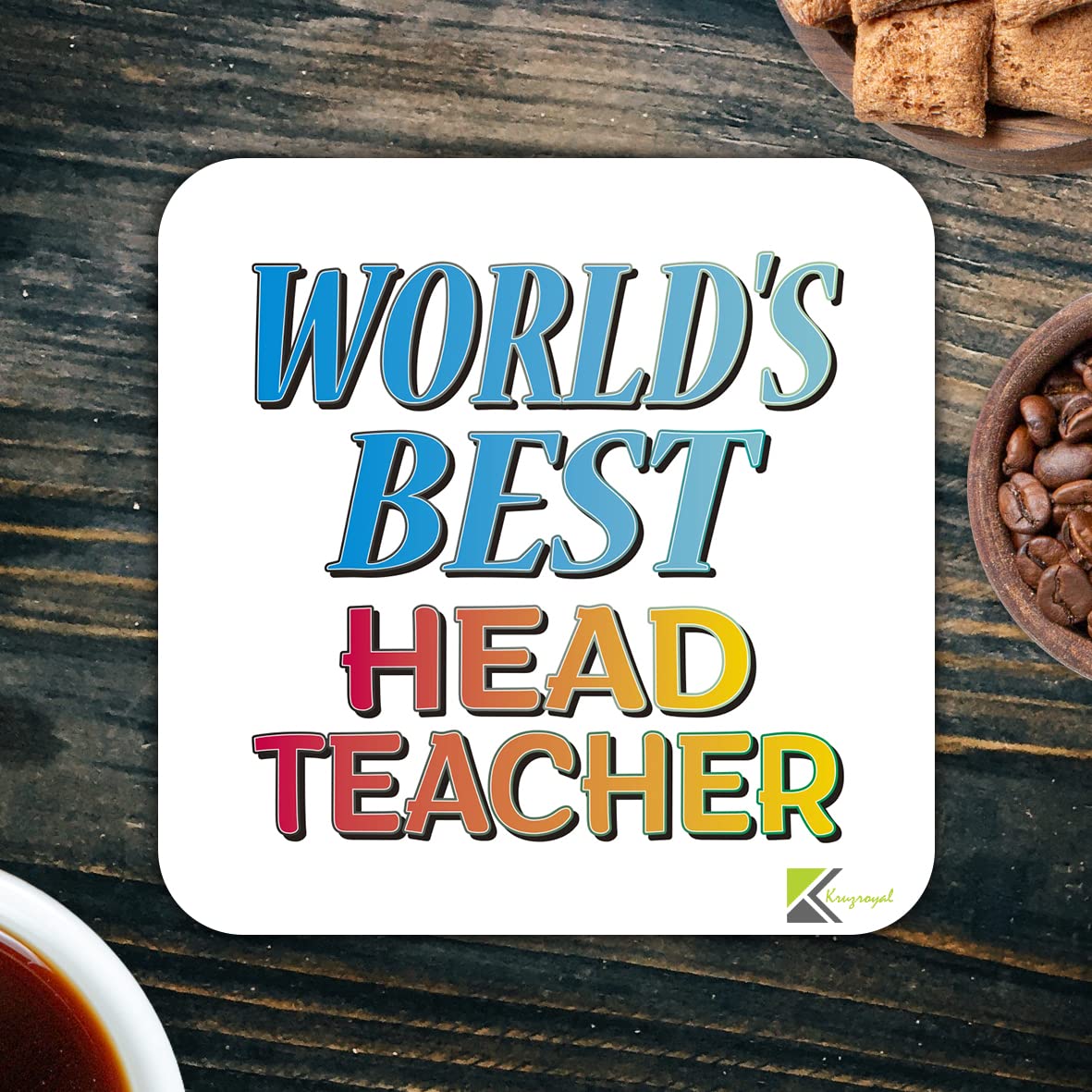 WB047 World's Best Head Teacher MDF Wooden Coaster by Kruzroyal | Gift for Head Teacher | Unique Novelty Present | 9cm x 9cm | Coffee Tea MDF Wooden Coaster