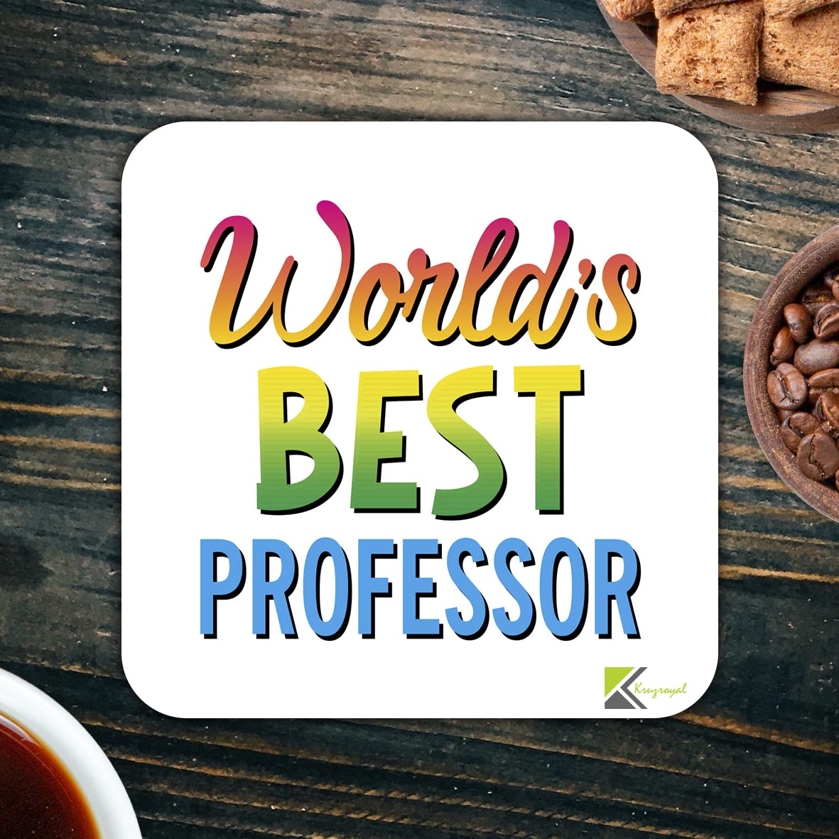 WB094 World's Best Professor MDF Wooden Coaster by Kruzroyal | Gift for Professor| Unique Novelty Present | 9cm x 9cm | Coffee Tea MDF Wooden Coaster