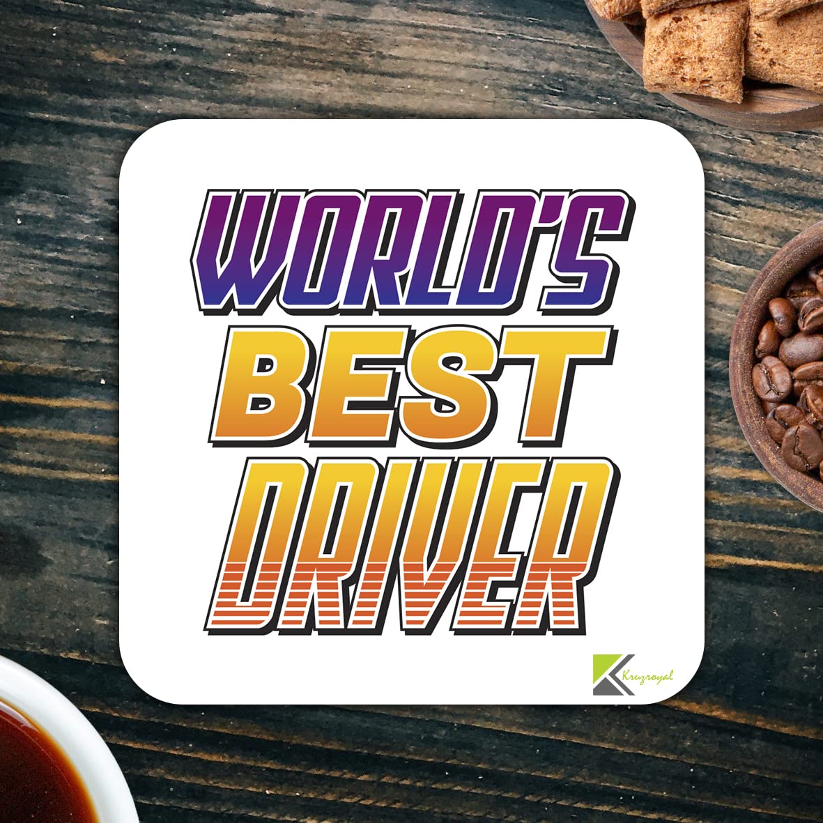 WB009 World's Best Driver MDF Wooden Coaster by Kruzroyal | Gift for Driver| Unique Novelty Present | 9cm x 9cm | Coffee Tea MDF Wooden Coaster