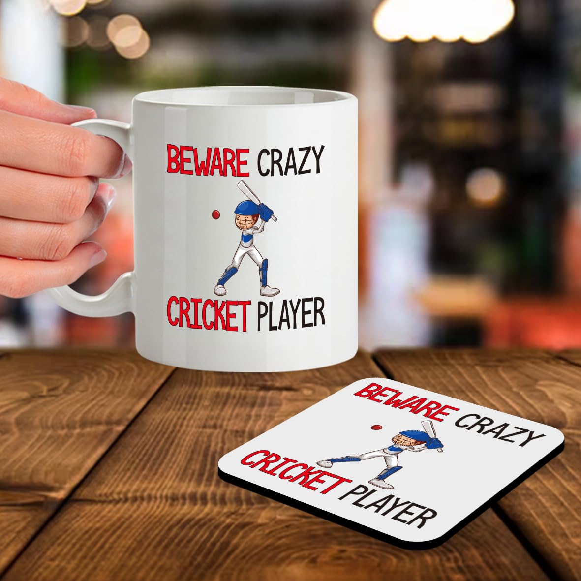 Kruzroyal SM086 Beware Crazy Cricket Player - 11OZ Mug & Matching Coaster Set for Cricket Fan
