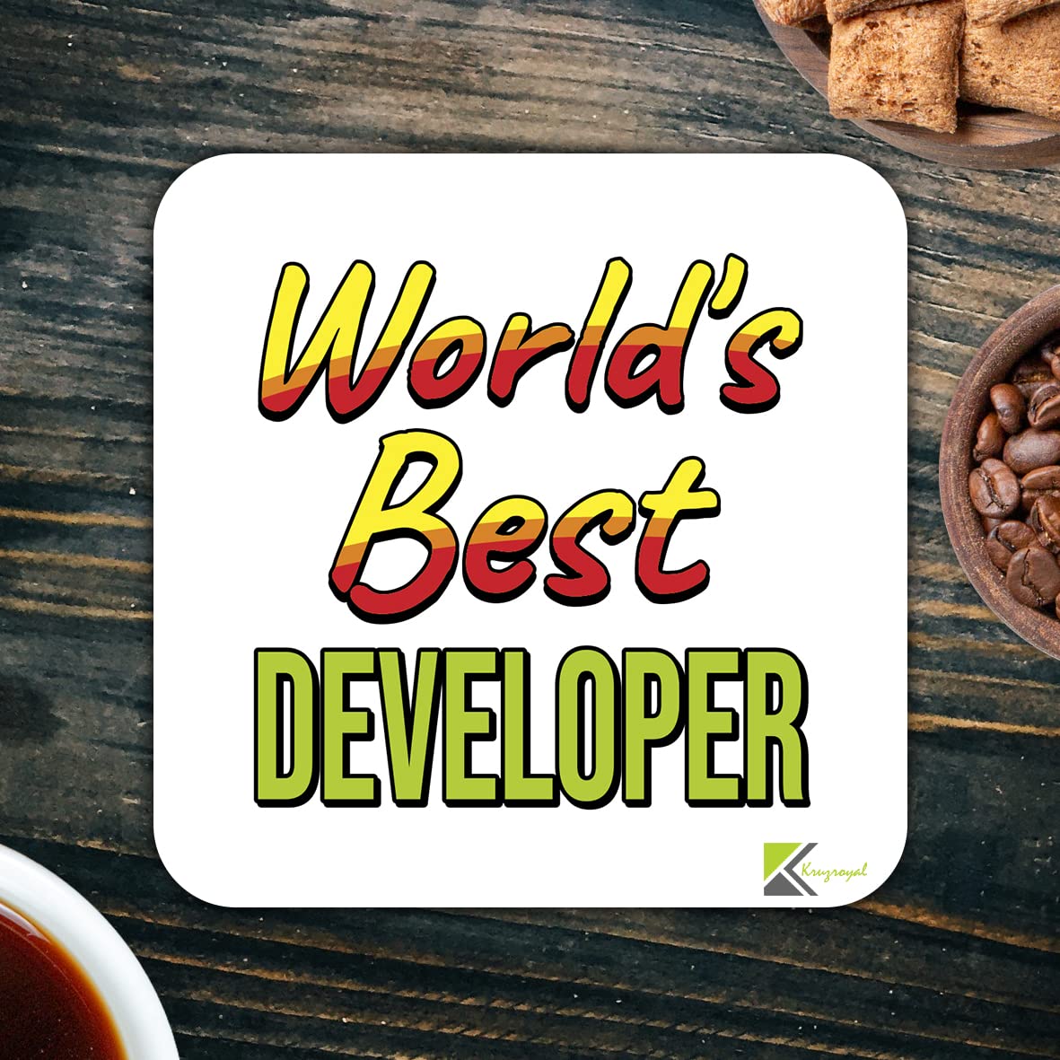 WB081 World's Best Developer MDF Wooden Coaster by Kruzroyal | Gift for Developer | Unique Novelty Present | 9cm x 9cm | Coffee Tea MDF Wooden Coaster