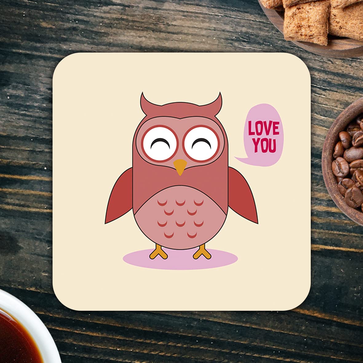 CS634 OWL: Love You Novelty Funny Coffee Tea Drink Gift Glossy MDF Wooden Coaster