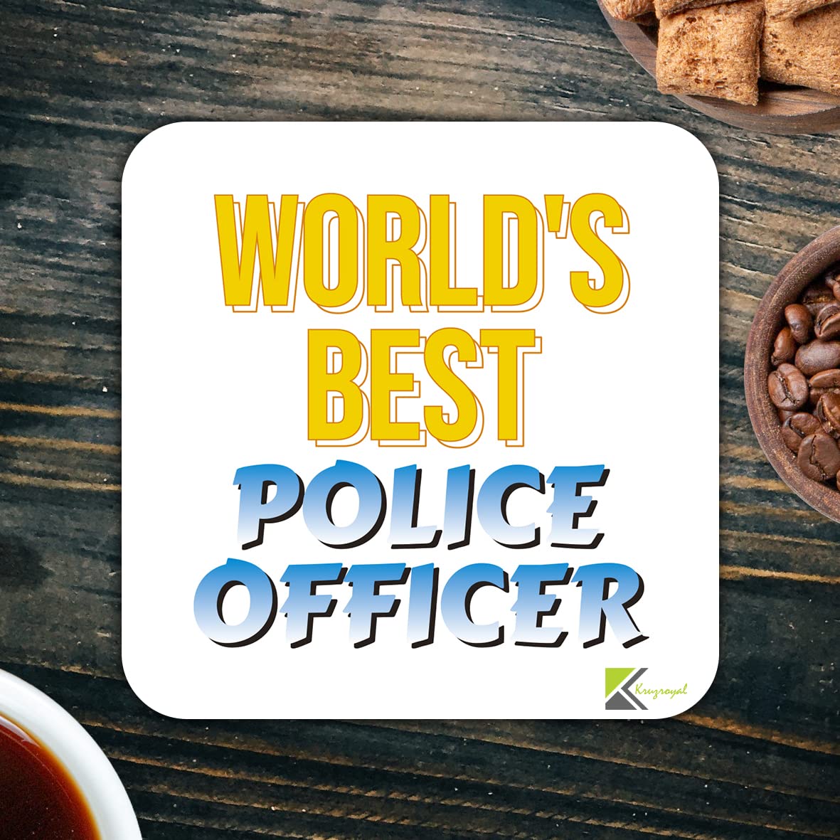 WB048 World's Best Police Officer MDF Wooden Coaster by Kruzroyal | Gift for Police Officer | Unique Novelty Present | 9cm x 9cm | Coffee Tea MDF Wooden Coaster