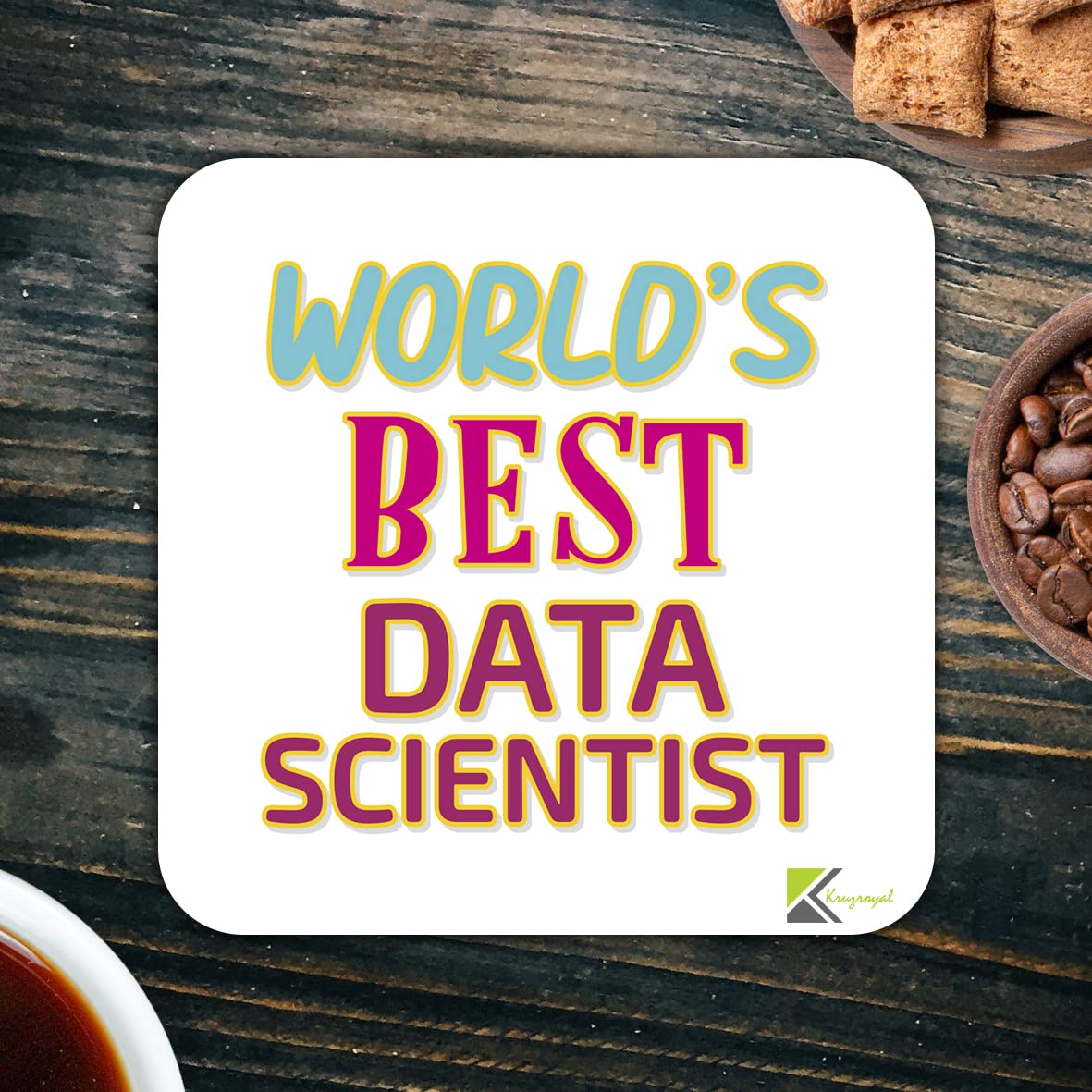 WB091 World's Best Data Scientist MDF Wooden Coaster by Kruzroyal | Gift for Data Scientist | Unique Novelty Present | 9cm x 9cm | Coffee Tea MDF Wooden Coaster