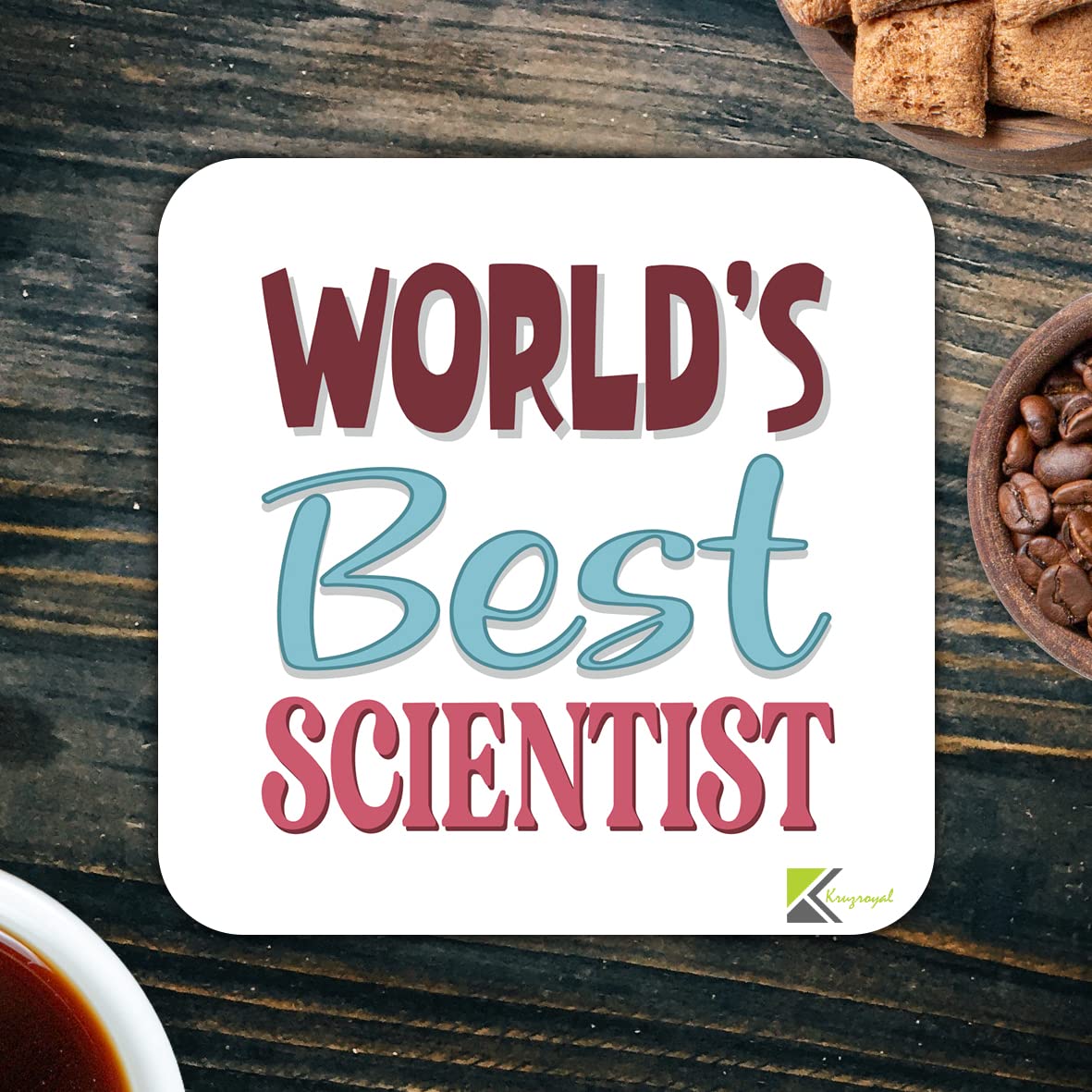 WB056 World's Best Scientist MDF Wooden Coaster by Kruzroyal | Gift for Scientist | Unique Novelty Present | 9cm x 9cm | Coffee Tea MDF Wooden Coaster