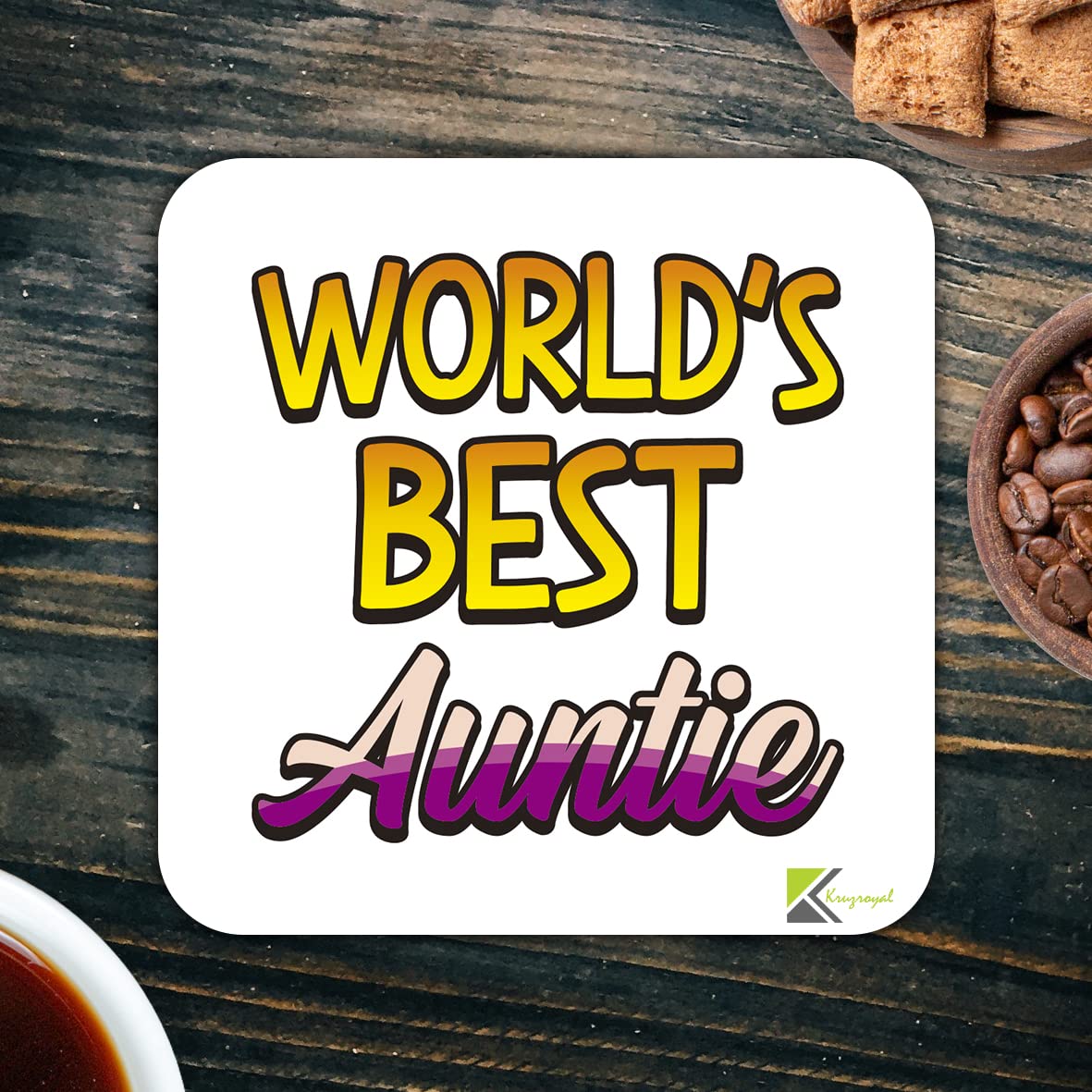 WB026 World's Best Auntie MDF Wooden Coaster by Kruzroyal | Gift for Auntie | Unique Novelty Present | 9cm x 9cm | Coffee Tea MDF Wooden Coaster
