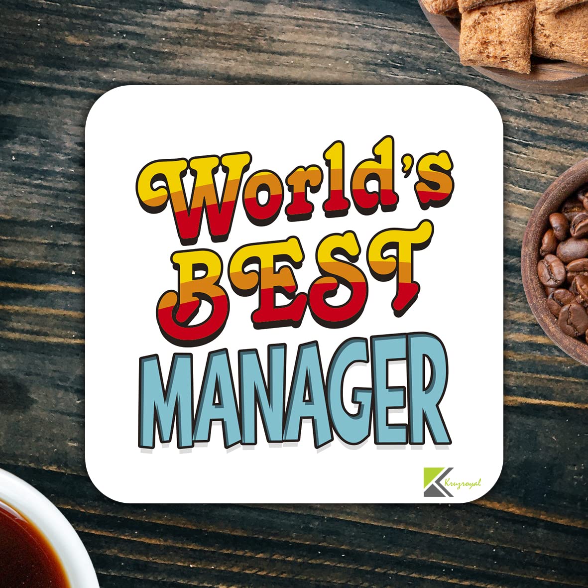 WB038 World's Best Manager MDF Wooden Coaster by Kruzroyal | Gift for Manager | Unique Novelty Present | 9cm x 9cm | Coffee Tea MDF Wooden Coaster