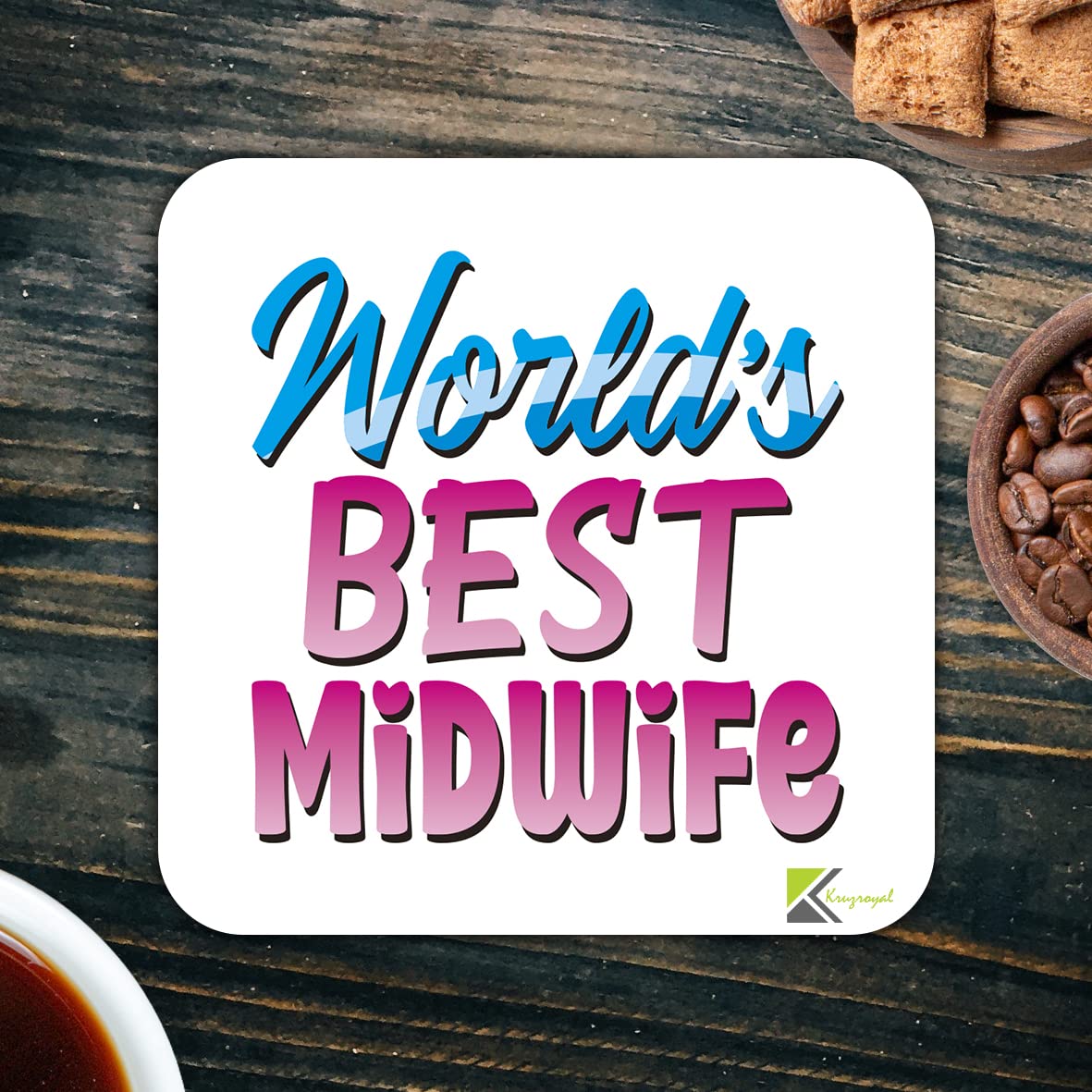 WB050 World's Best Midwife MDF Wooden Coaster by Kruzroyal | Gift for Midwife | Unique Novelty Present | 9cm x 9cm | Coffee Tea MDF Wooden Coaster