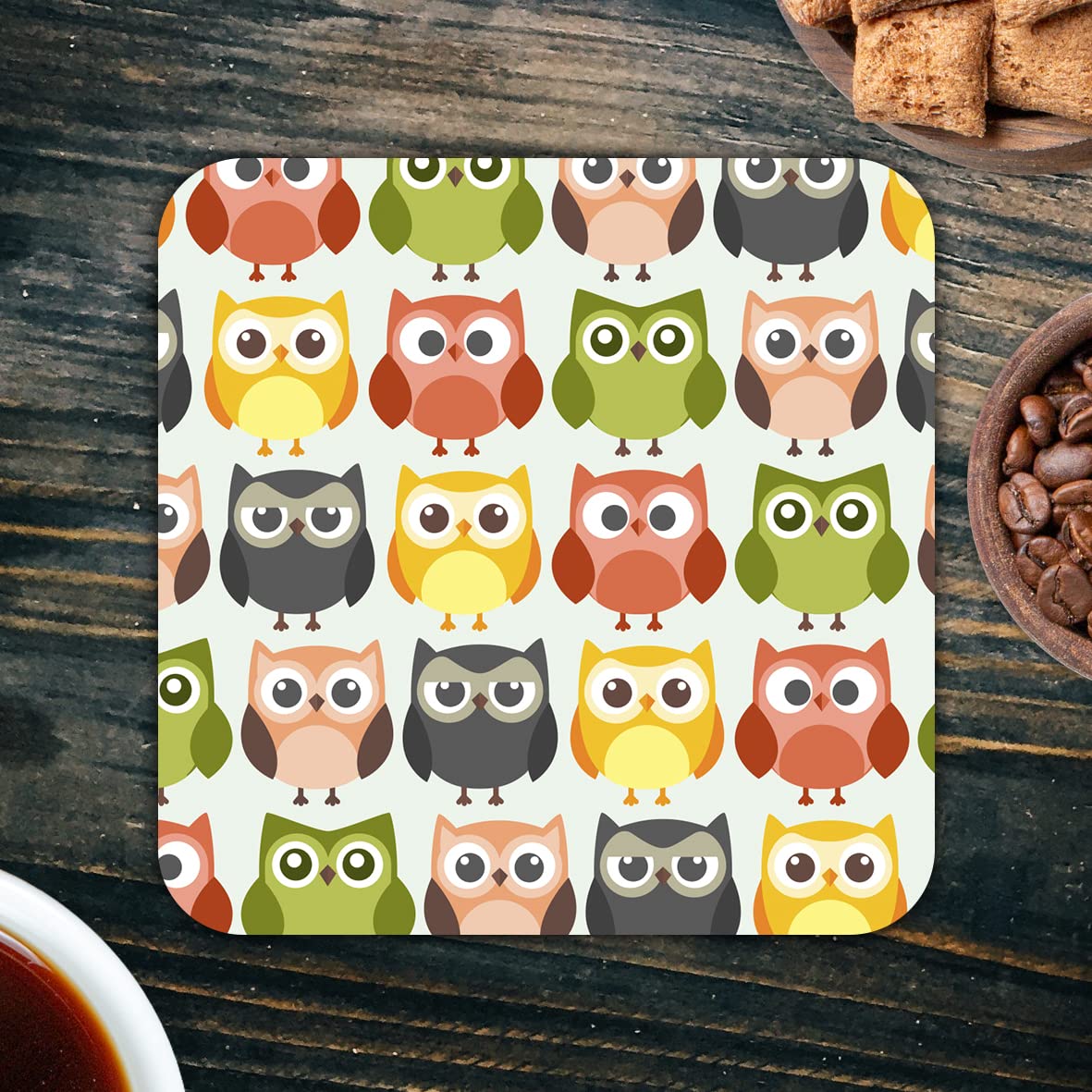 CS599 Colourful Owl Bird Night Novelty Funny Coffee Tea Drink Gift Glossy MDF Wooden Coaster