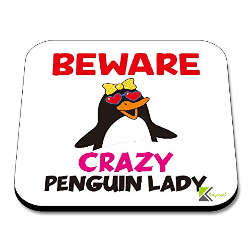 CS063 Beware Crazy Penguin Lady Novelty Funny Coffee Tea Drink Gift Glossy MDF Wooden Coaster