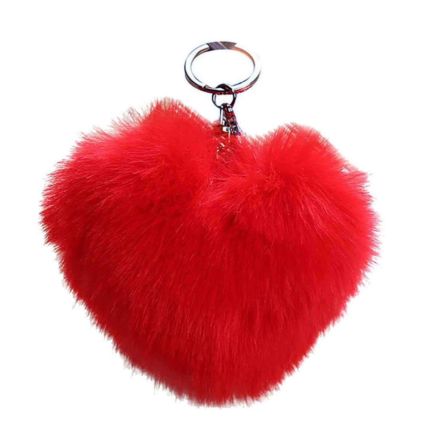 Kruzroyal 6 x Red Fluffy Keychain Heart Shape Soft PomPom Car Handbag Key Ring Pom Pom