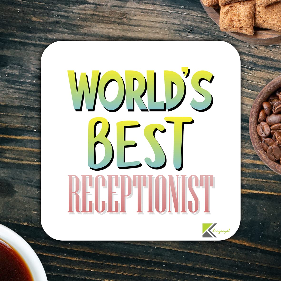 WB086 World's Best Receptionist MDF Wooden Coaster by Kruzroyal | Gift for Receptionist | Unique Novelty Present | 9cm x 9cm | Coffee Tea MDF Wooden Coaster