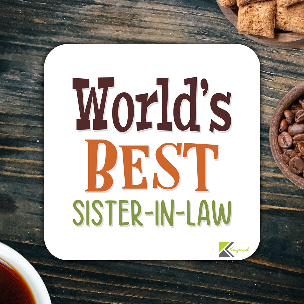 WB098 World's Best Sister-in-law MDF Wooden Coaster by Kruzroyal | Gift for Sister-in-law| Unique Novelty Present | 9cm x 9cm | Coffee Tea MDF Wooden Coaster