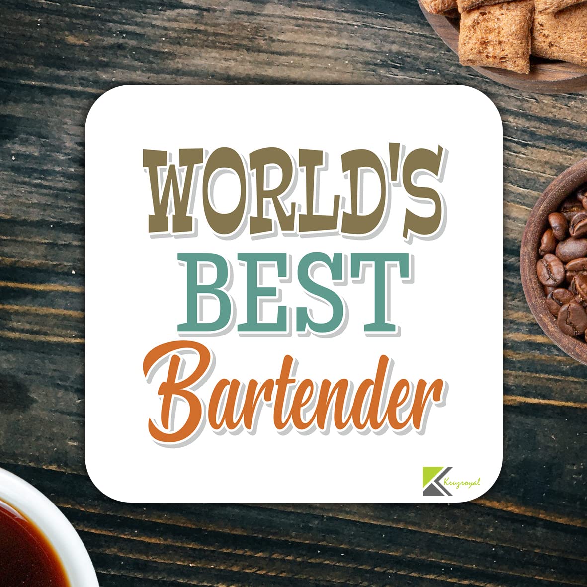 WB074 World's Best Bartender MDF Wooden Coaster by Kruzroyal | Gift for Bartender | Unique Novelty Present | 9cm x 9cm | Coffee Tea MDF Wooden Coaster