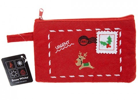 Novelty Xmas Red Embroidered Christmas Zip Purse, Reindeer & Stamp Design