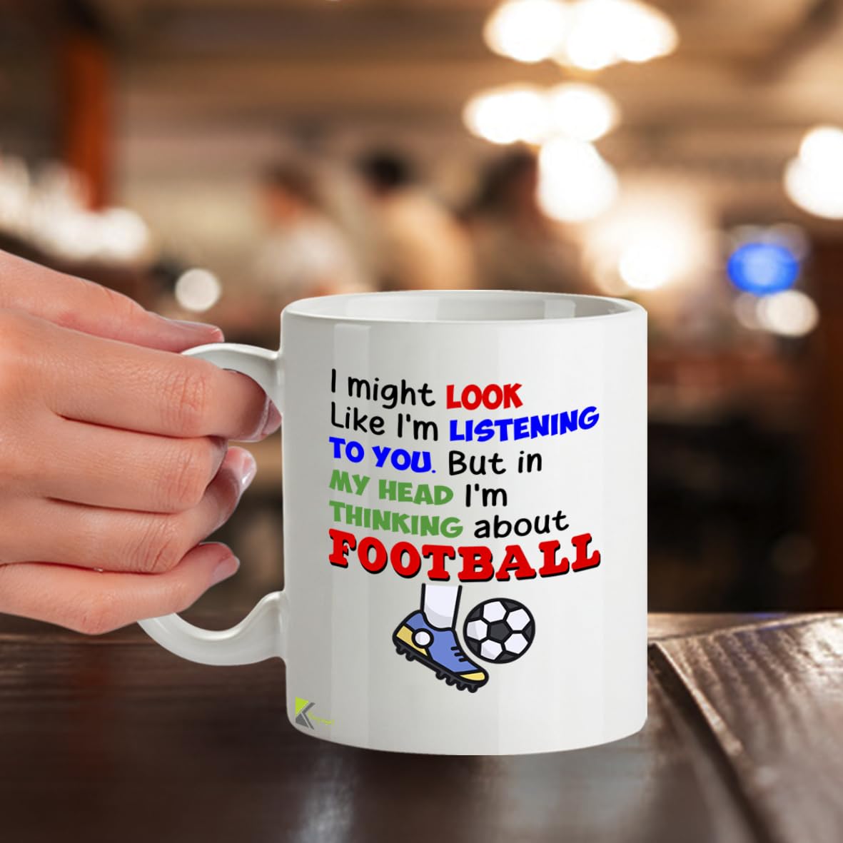 Kruzroyal Football Mug Funny Gift for Men - 11oz/325ml Thinking About Football Ceramic Coffee Cup for Dad Brother Husband - Novelty Fan Present
