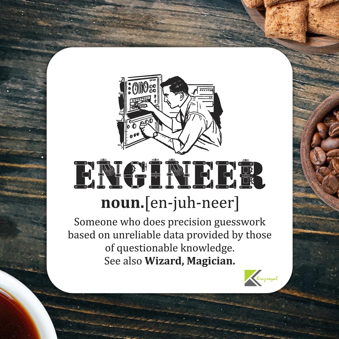 Engineer Definition Coaster | Funny Engineering Gift for Men Dad Colleagues | Wooden MDF Desk Accessory | Graduation Leaving Present
