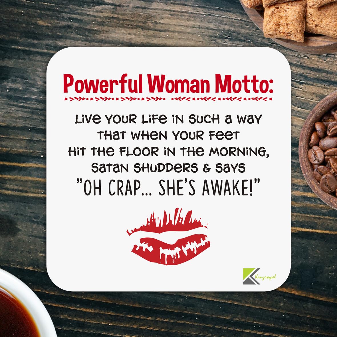 CS014 Powerful Woman Motto Novelty Funny Coffee Tea Drink Gift Glossy Sassy Quote MDF Wooden Coaster | Gifts for Her, Friend, Mum, Colleague | Feminist Birthday & Leaving Present