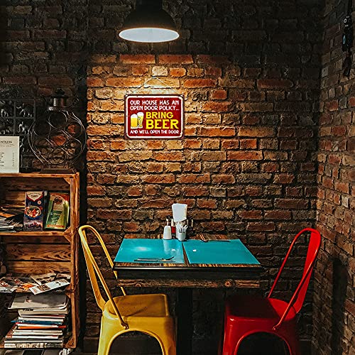 Kruzroyal MP440 Our house has an open door policy... Bring Beer and we'll open the door Funny Novelty Retro Vintage Metal Wall Sign Plaque 20cm x 15cm