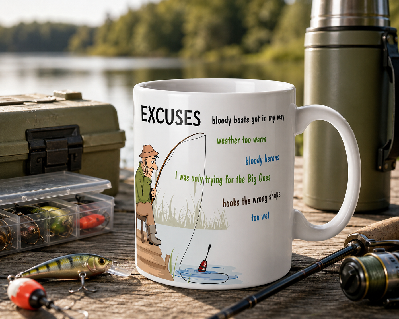 Kruzroyal Funny Fishing Excuses Mug, The Fisherman's Excuses Wrap Around Design, Novelty Angling Gift for Dad, Grandad or Husband, Funny Novelty Great Gift Idea Coffee Tea Cup11 oz
