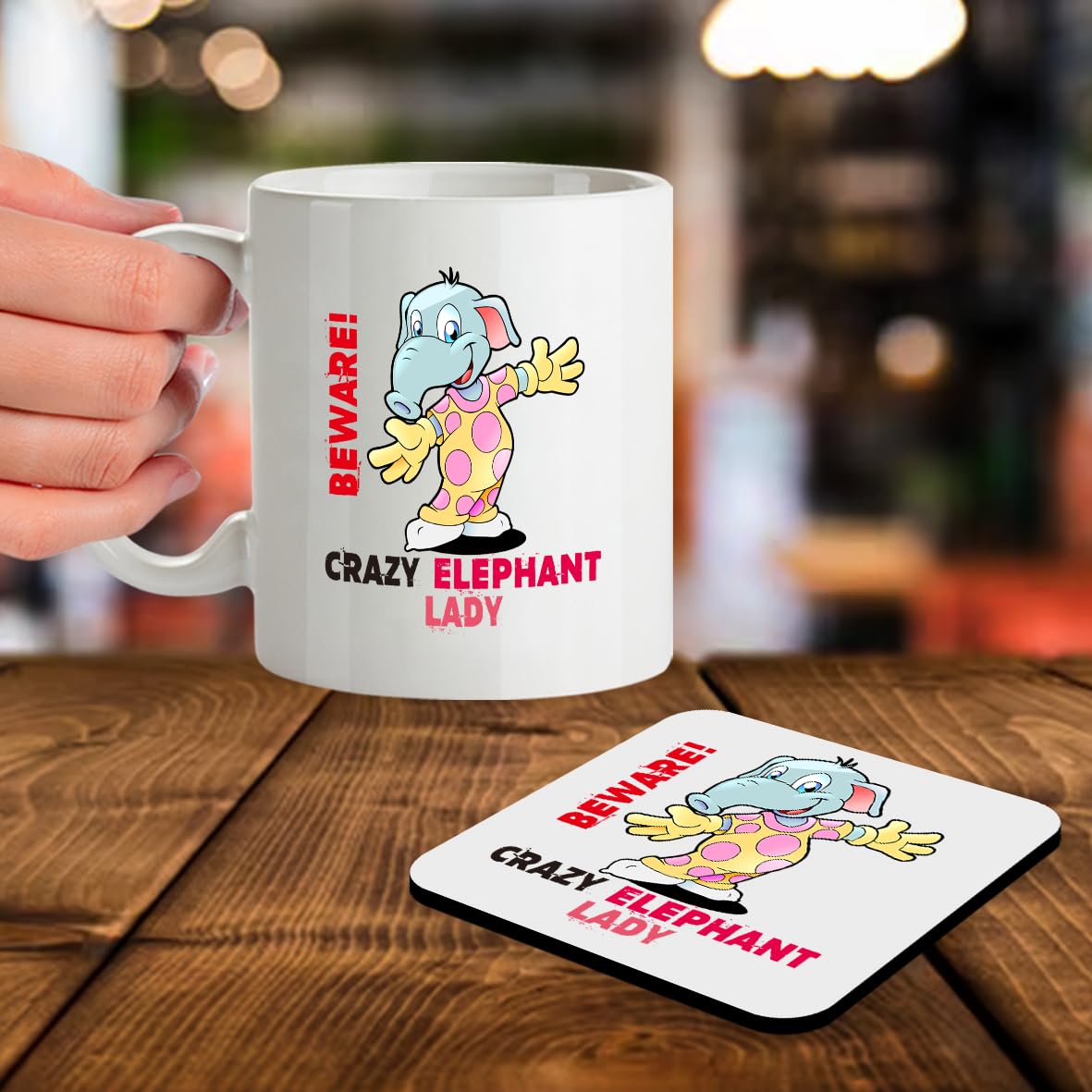 Kruzroyal SM039 Beware Crazy Elephant Lady - 11OZ Mug & Matching Coaster Set