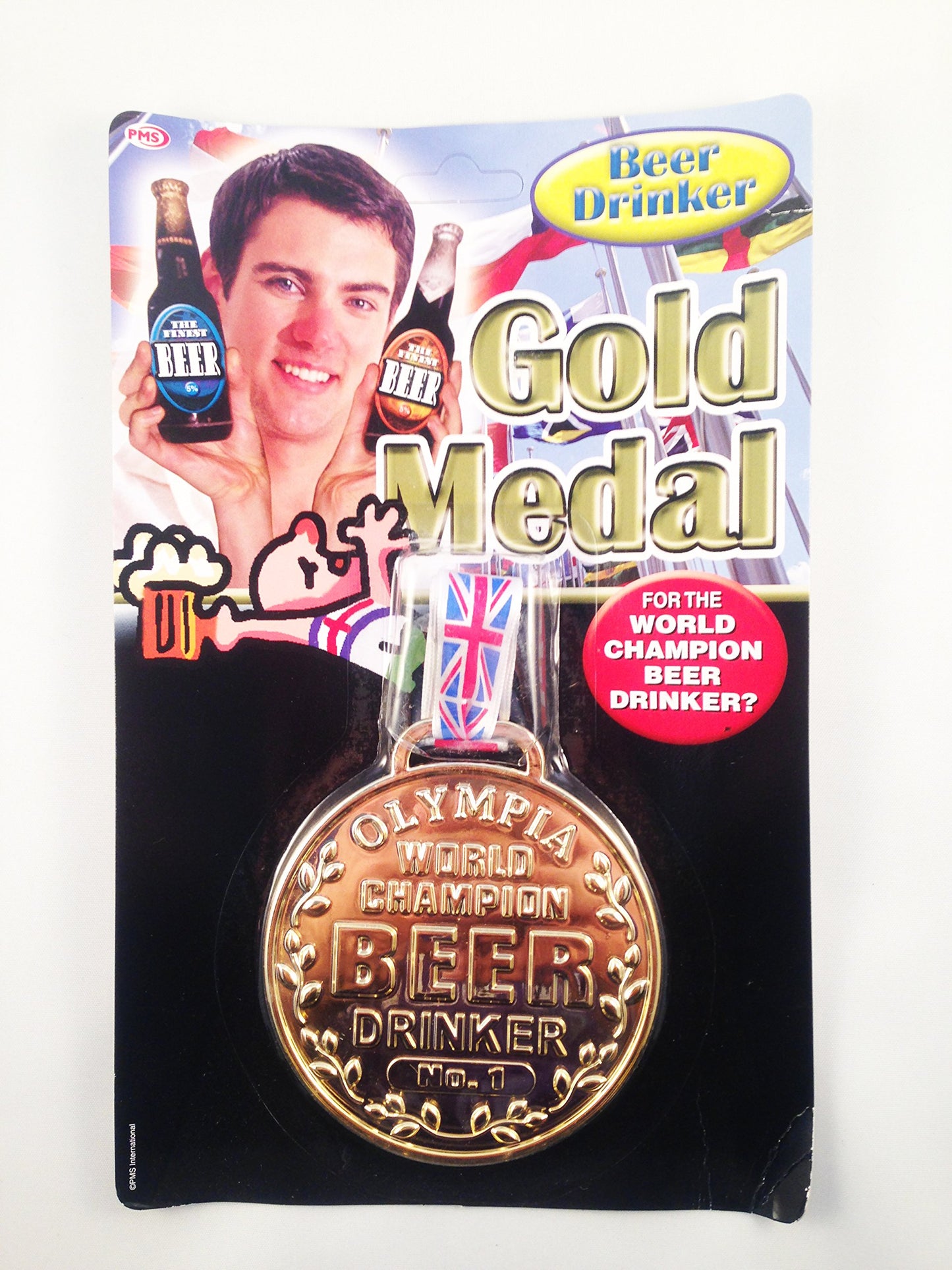 PMS JUMBO GOLD PLATED BEER DRINKER MEDAL ON UNION JACK LANYA