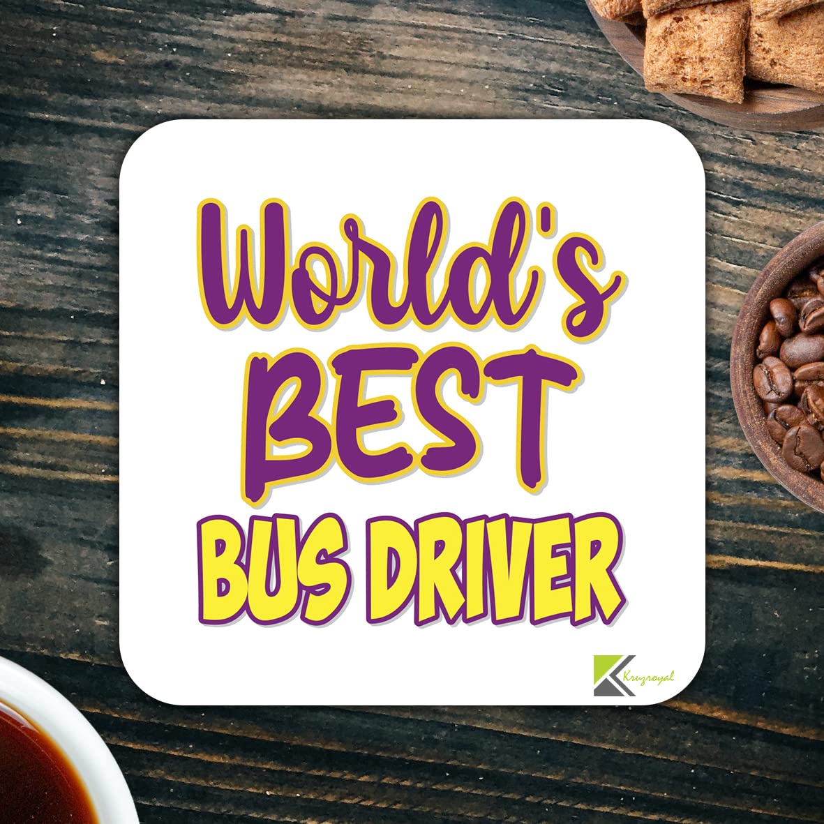 WB078 World's Best Bus Driver MDF Wooden Coaster by Kruzroyal | Gift for Bus Driver | Unique Novelty Present | 9cm x 9cm | Coffee Tea MDF Wooden Coaster
