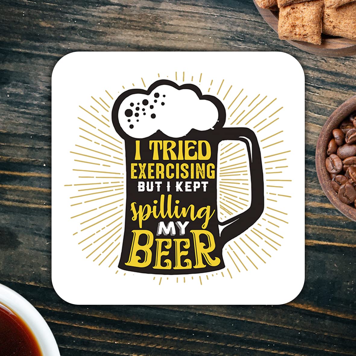CS440 I Tried Exercising but i Kept Spilling My Beer Novelty Funny Coffee Tea Drink Gift Glossy MDF Wooden Coaster