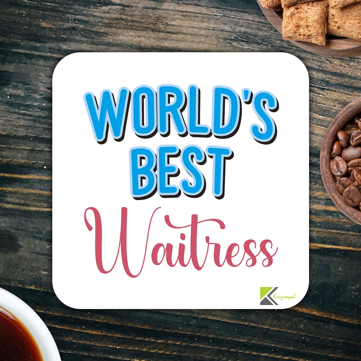 WB041 World's Best Waitress MDF Wooden Coaster by Kruzroyal | Gift for Waitress | Unique Novelty Present | 9cm x 9cm | Coffee Tea MDF Wooden Coaster