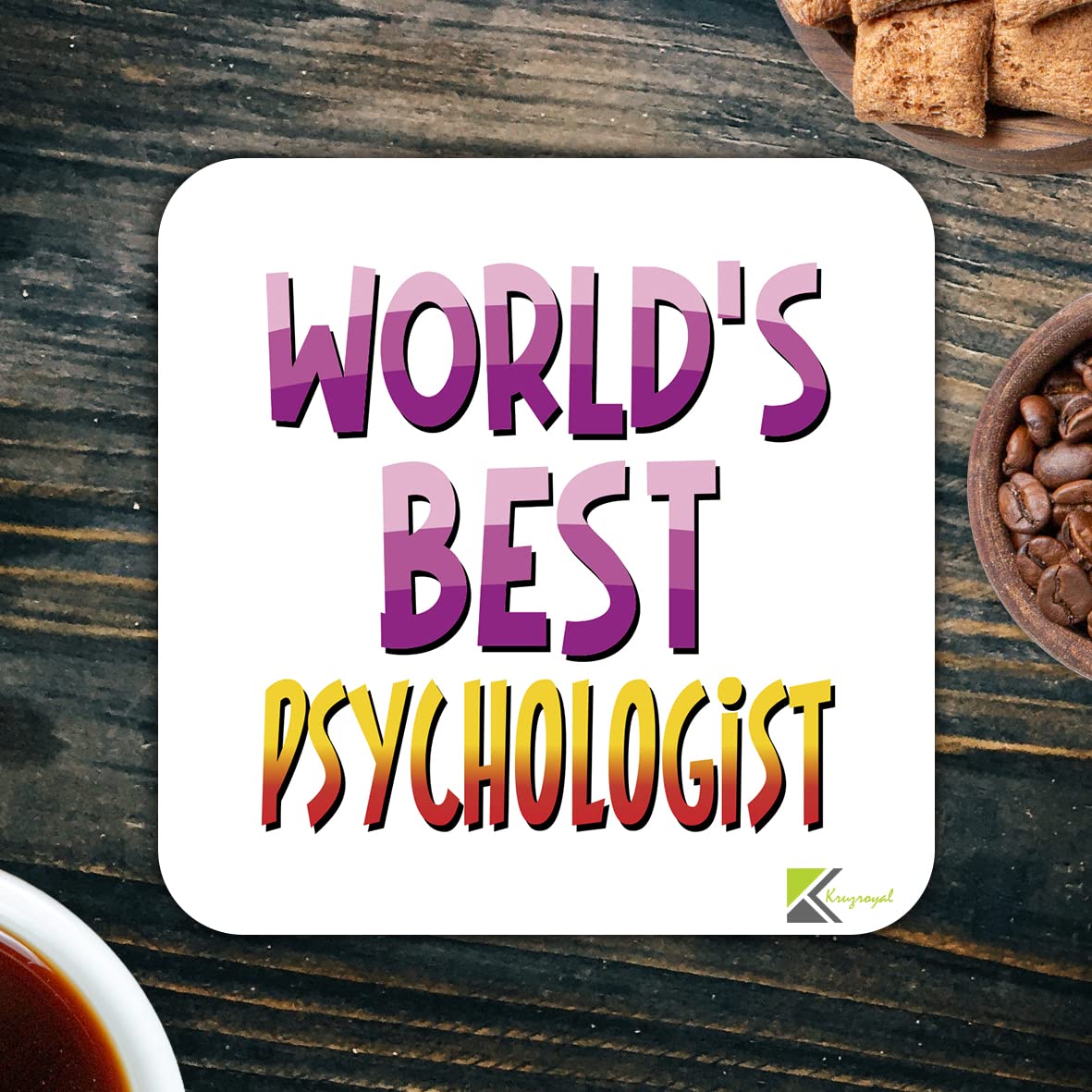 WB062 World's Best Psychologist MDF Wooden Coaster by Kruzroyal | Gift for Psychologist | Unique Novelty Present | 9cm x 9cm | Coffee Tea MDF Wooden Coaster