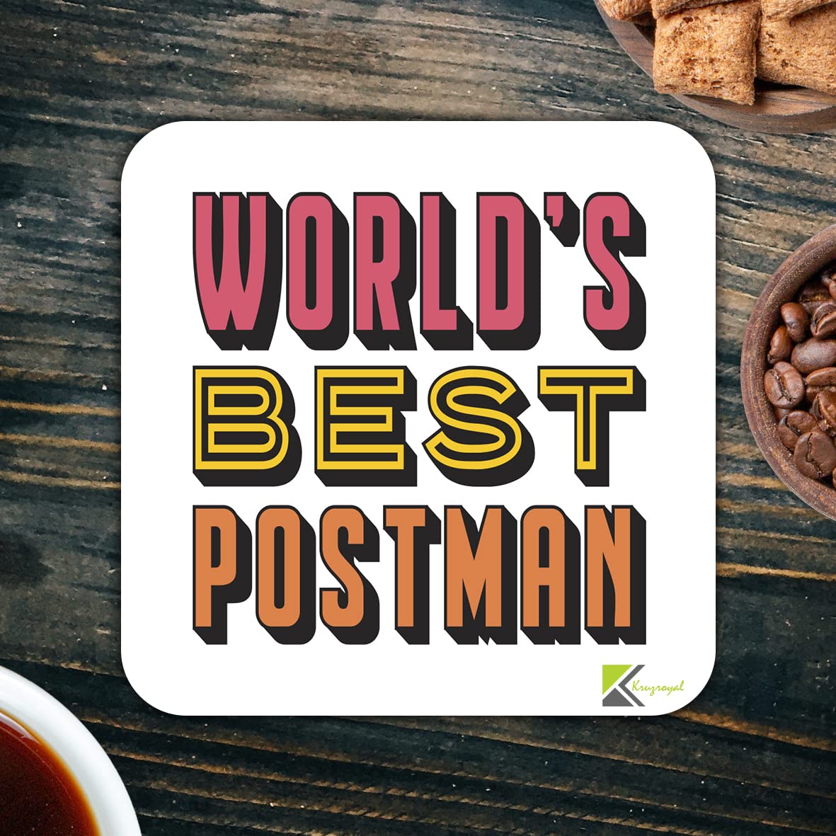 WB011 World's Best Postman MDF Wooden Coaster by Kruzroyal | Gift for Postman| Unique Novelty Present | 9cm x 9cm | Coffee Tea MDF Wooden Coaster
