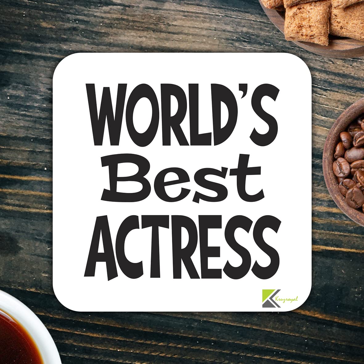 WB027 World's Best Actress MDF Wooden Coaster by Kruzroyal | Gift for Actress | Unique Novelty Present | 9cm x 9cm | Coffee Tea MDF Wooden Coaster