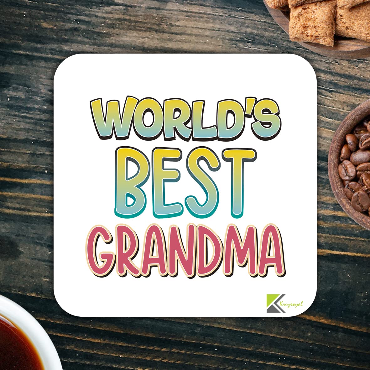 WB024 World's Best Grandma MDF Wooden Coaster by Kruzroyal | Gift for Grandma | Unique Novelty Present | 9cm x 9cm | Coffee Tea MDF Wooden Coaster