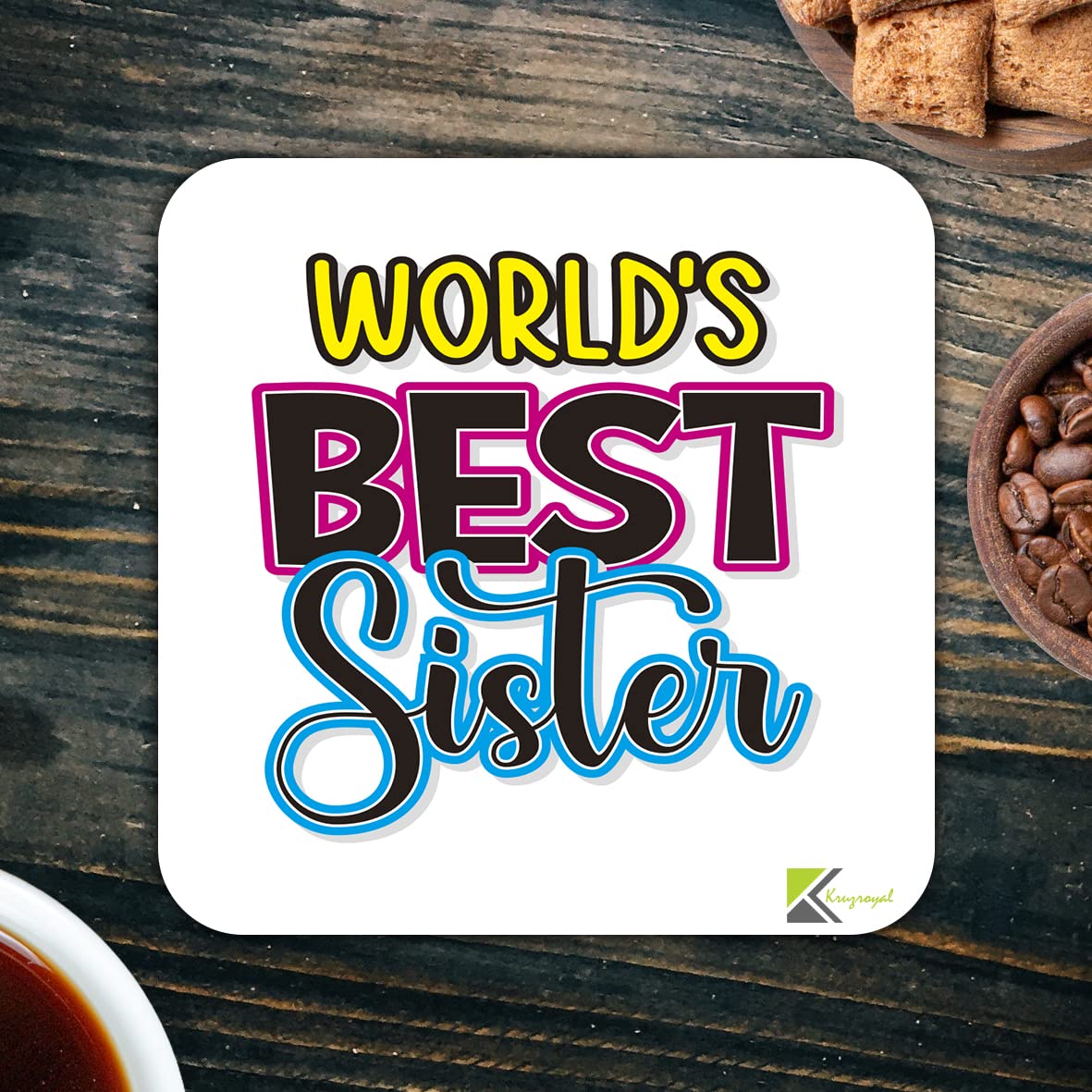 WB015 World's Best Sister MDF Wooden Coaster by Kruzroyal | Gift for Sister| Unique Novelty Present | 9cm x 9cm | Coffee Tea MDF Wooden Coaster