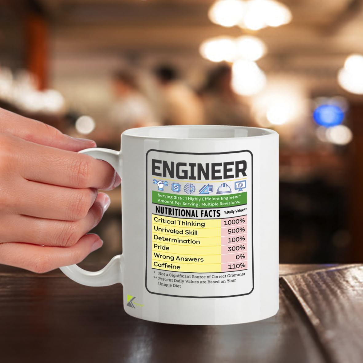Kruzroyal Funny Engineer Mug Nutritional Facts - 11oz Ceramic Coffee Tea Cup Gift for Engineers Students Coworkers - Dishwasher Microwave Safe STEM Novelty Present