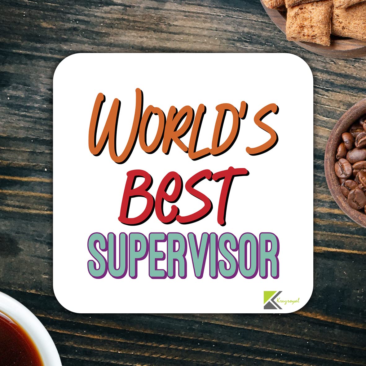 WB096 World's Best Supervisor MDF Wooden Coaster by Kruzroyal | Gift for Supervisor| Unique Novelty Present | 9cm x 9cm | Coffee Tea MDF Wooden Coaster