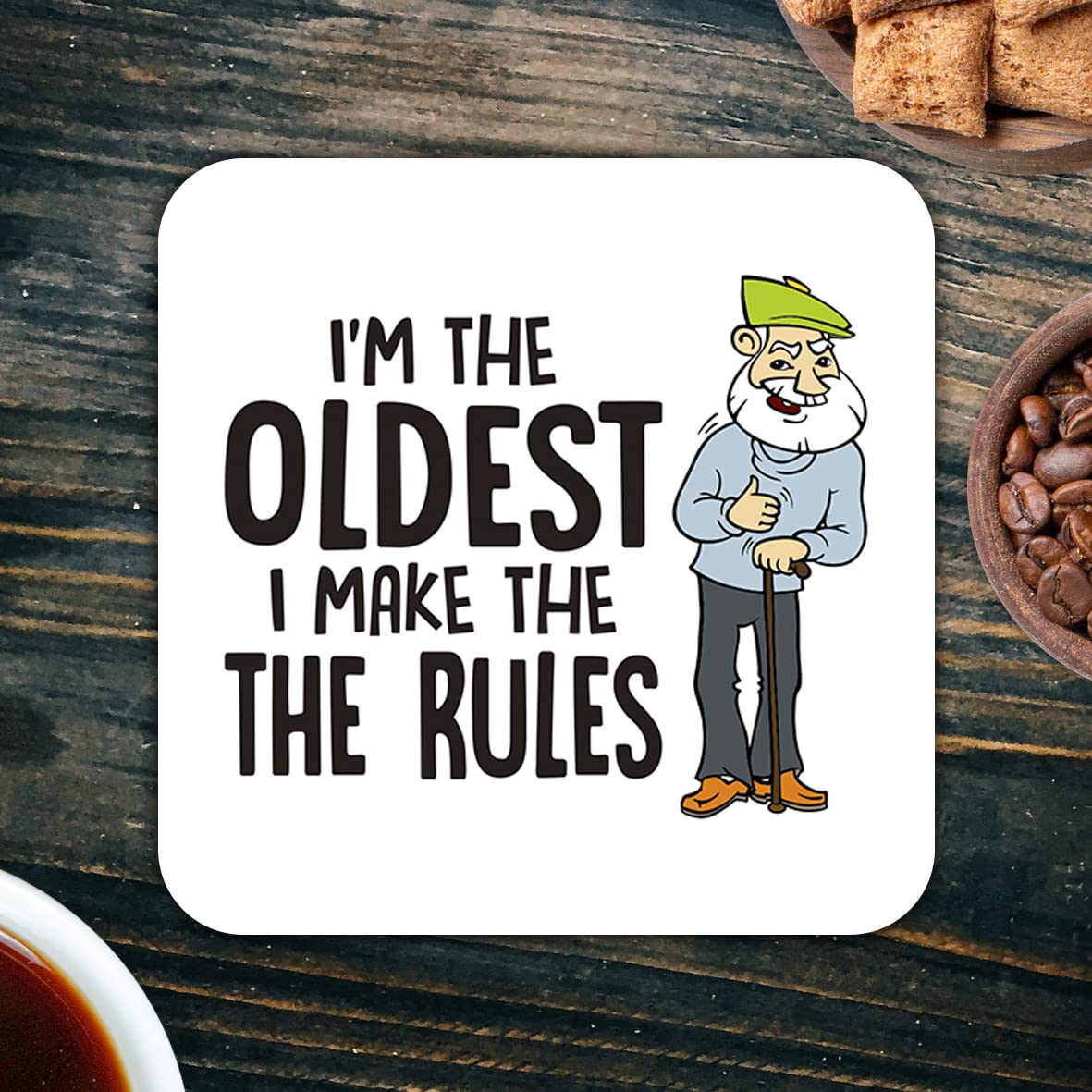 CS434 I'm The Oldest i Make The Rules Grandad Novelty Funny Coffee Tea Drink Gift Glossy MDF Wooden Coaster