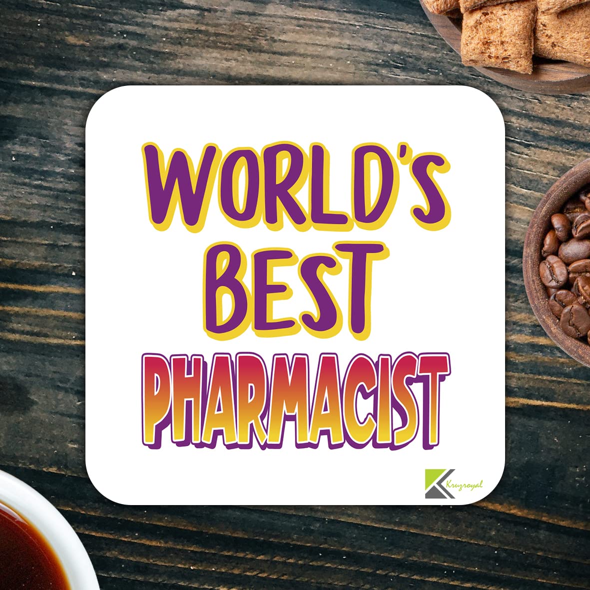 WB058 World's Best Pharmacist MDF Wooden Coaster by Kruzroyal | Gift for Pharmacist | Unique Novelty Present | 9cm x 9cm | Coffee Tea MDF Wooden Coaster