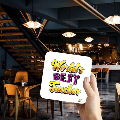 WB033 World's Best Teacher MDF Wooden Coaster by Kruzroyal | Gift for Teacher | Unique Novelty Present | 9cm x 9cm | Coffee Tea MDF Wooden Coaster