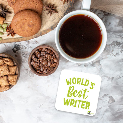WB021 World's Best Writer MDF Wooden Coaster by Kruzroyal | Gift for Writer | Unique Novelty Present | 9cm x 9cm | Coffee Tea MDF Wooden Coaster
