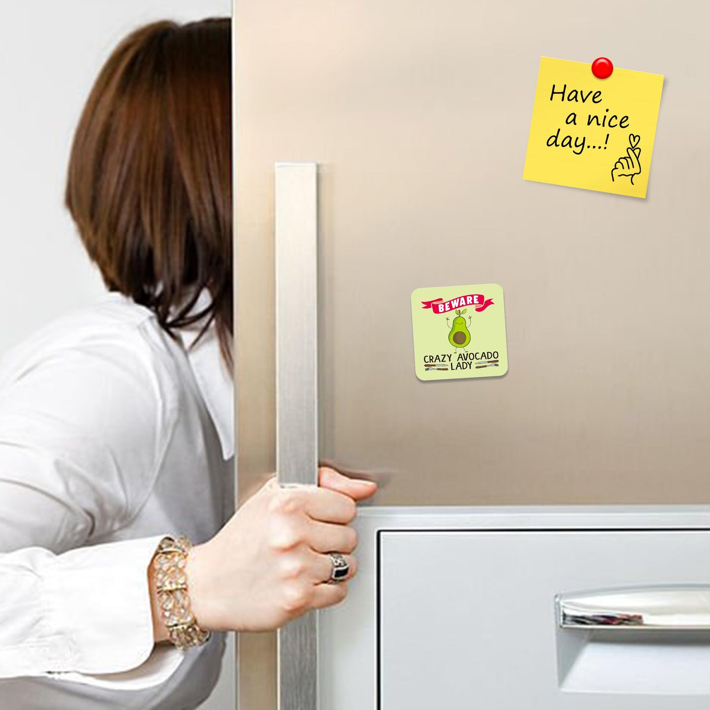 FM085 Beware Crazy Avacado Lady Novelty Funny Idea Glossy Metal Square Fridge Magnet
