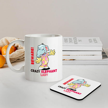 Kruzroyal SM039 Beware Crazy Elephant Lady - 11OZ Mug & Matching Coaster Set