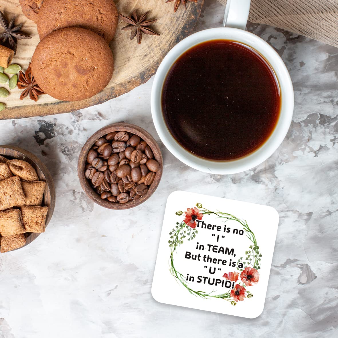 CS768 There is no "I" in Team, But There is a "U" in Stupid! Novelty Funny Coffee Tea Drink Gift Glossy MDF Wooden Coaster
