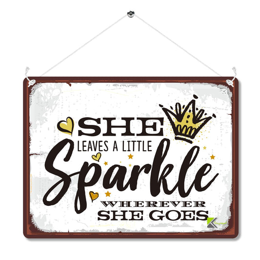Kruzroyal Inspirational Metal Wall Sign, She Leaves A Little Sparkle Plaque Gift, Retro Vintage Tin Decor for Girls Bedroom or Nursery, 20x15cm with Hanging String & Pre-Drilled Holes